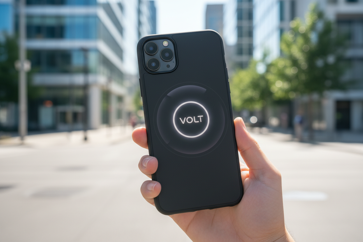 NexaGear phone case held in hand in urban setting